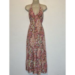 Angie Y2K Sz M Pink Patchwork Halter Maxi Dress Tiered Boho Cottagecore Festival